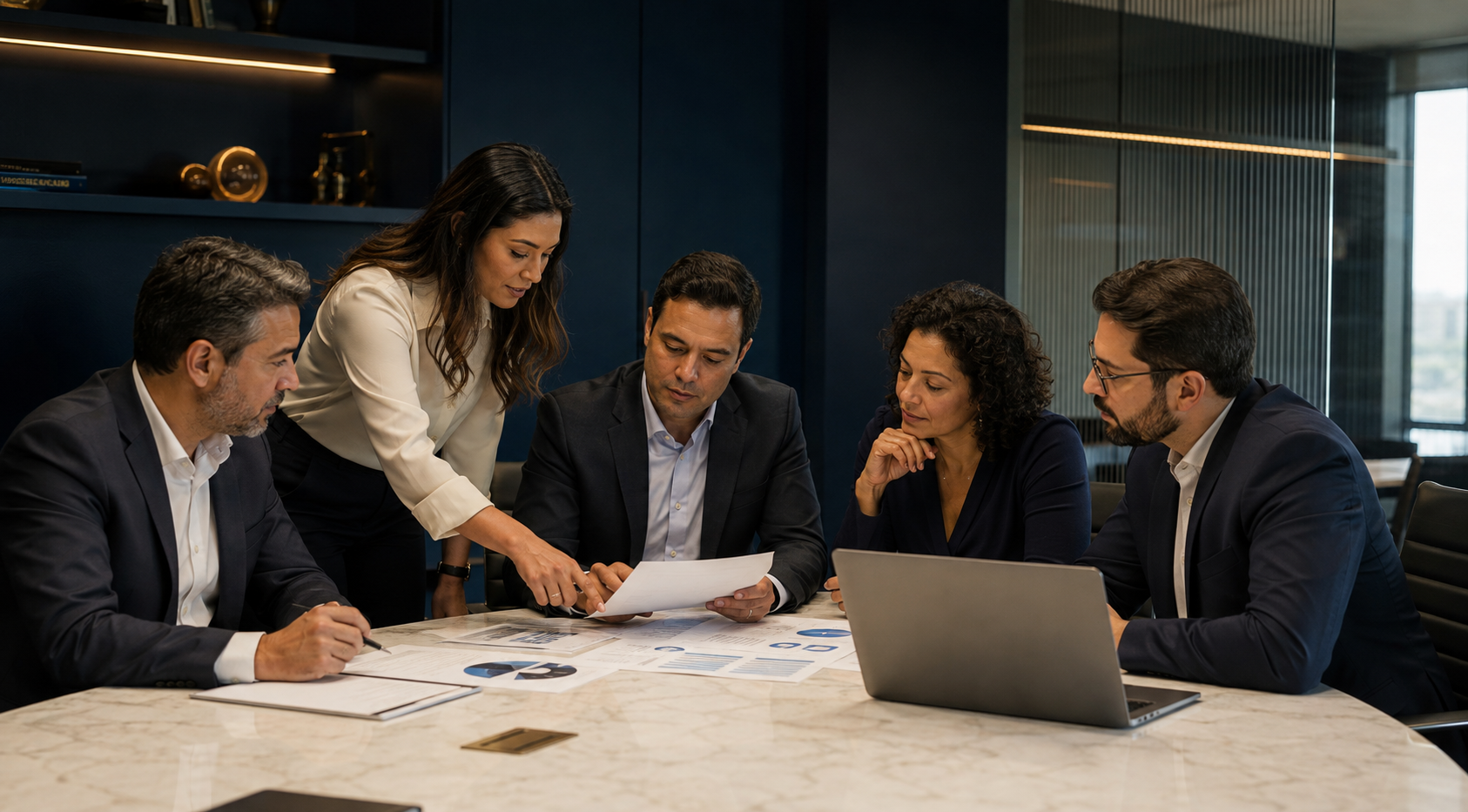 Sala de reunião corporativa com profissionais analisando documentos e utilizando notebook